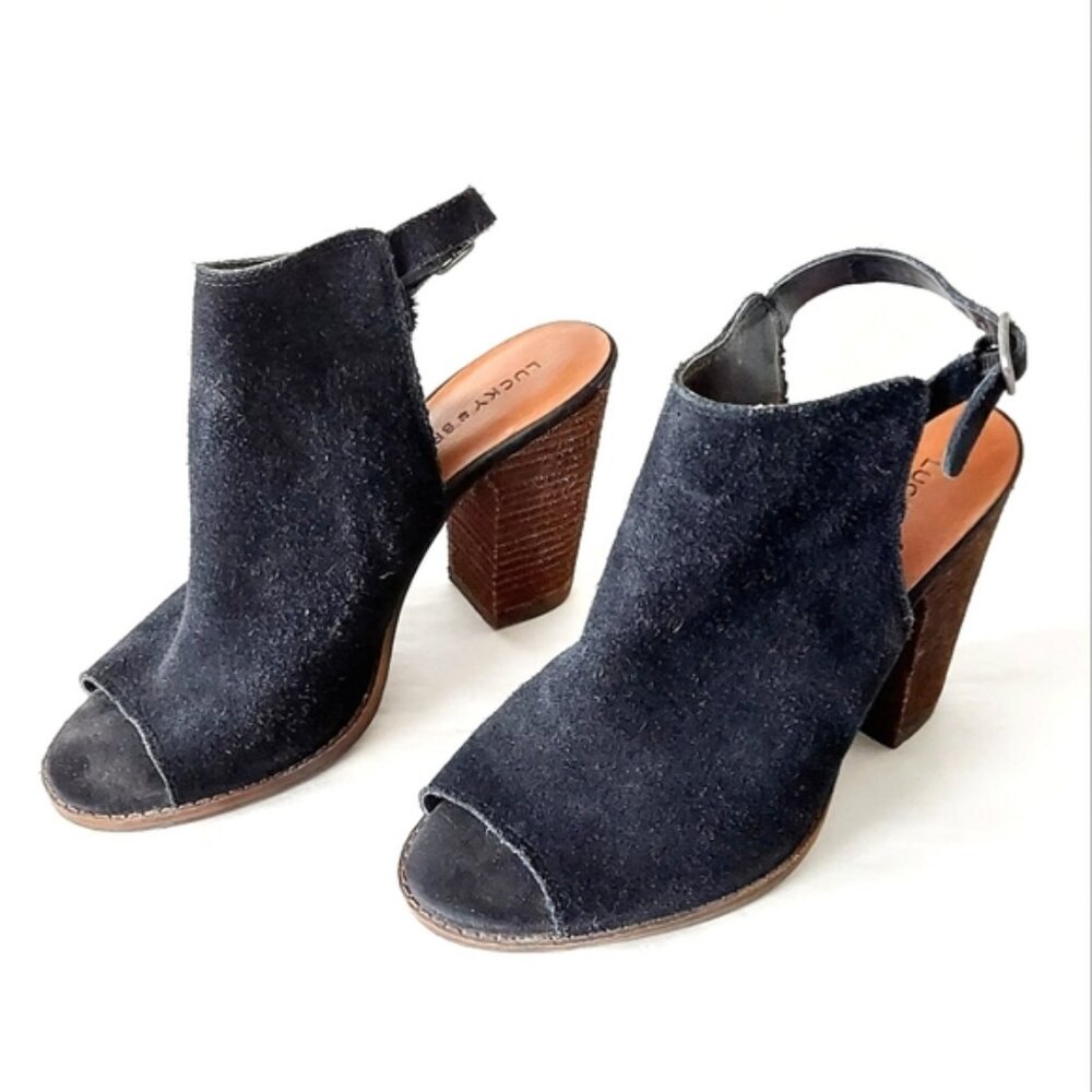 Lucky Brand Women Sandals Size 7.5 Black Open Slingback Peep Toe Comfy Booties